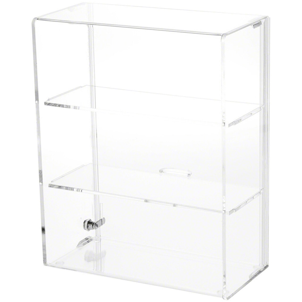 Plymor Clear Acrylic Locking Display Case with Sliding Back, 2 Shelves